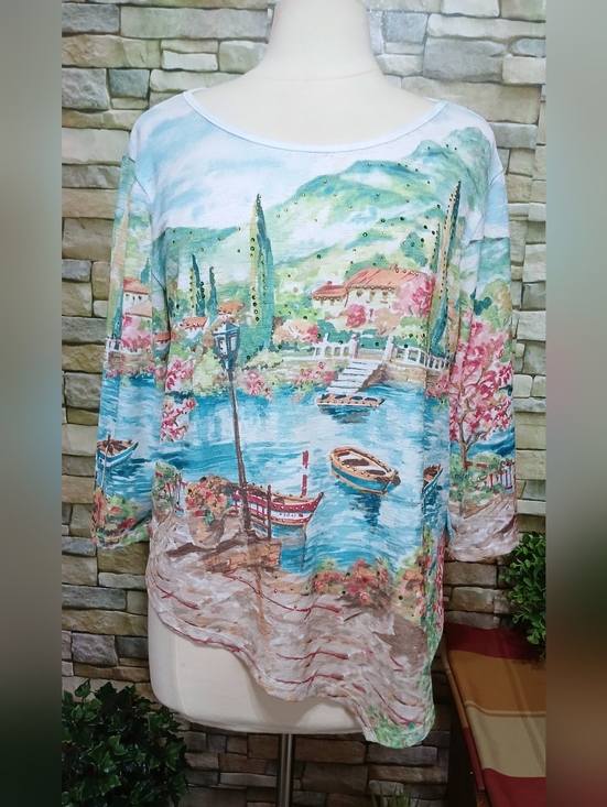 Alfred Dunner Tops - Alfred Dunner European Lake Scene Print Top Sequined Women's LP